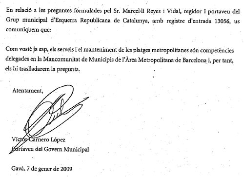 Resposta de l'Equip de Govern de l'Ajuntament de Gav&agrave; a la pregunta d'ERC sobre les dutxes del passeig mar�tim de Gav� Mar que malbaraten aigua al tenir un �nic bot� per a dues dutxes (7 de Gener de 2009)